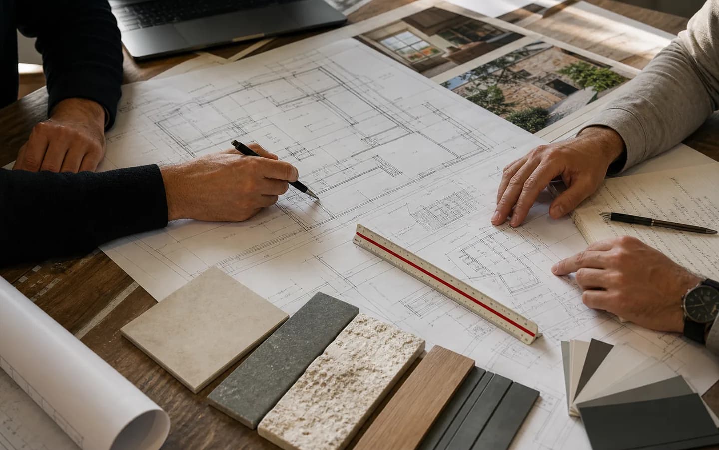 Plans de rénovation et échantillons de matériaux préparés pour une réunion projet