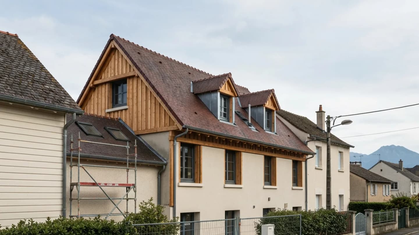 Maison avec surélévation bois et zinc en contexte résidentiel