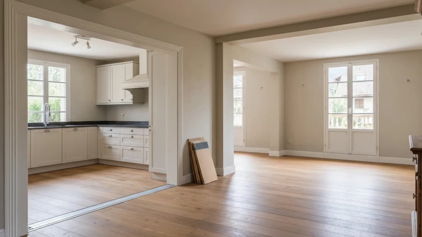 Intérieur de maison rénovée avec cuisine ouverte et parquet