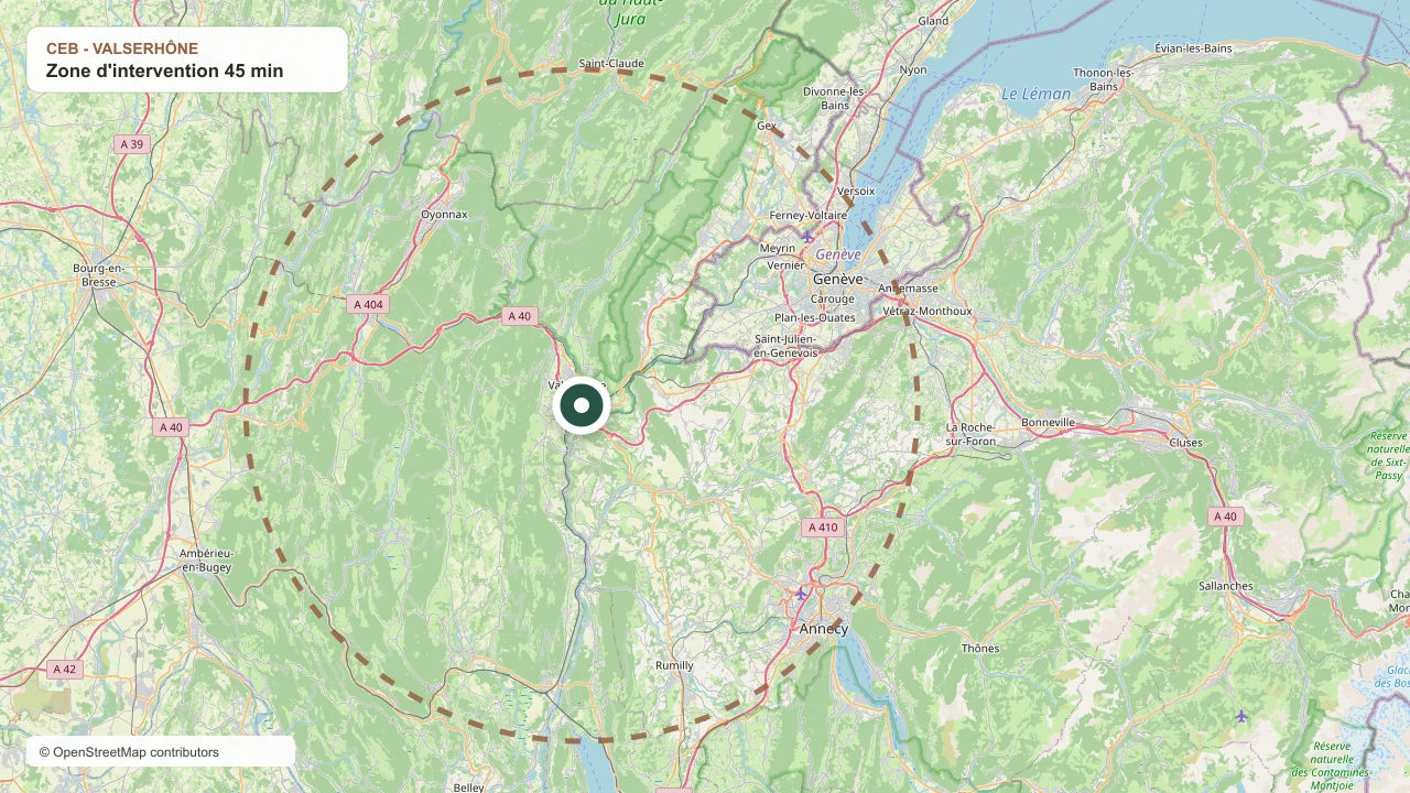 Carte OpenStreetMap de la zone d'intervention CEB autour de Valserhône : Ain, Haute-Savoie, Pays de Gex et frontaliers Genève.