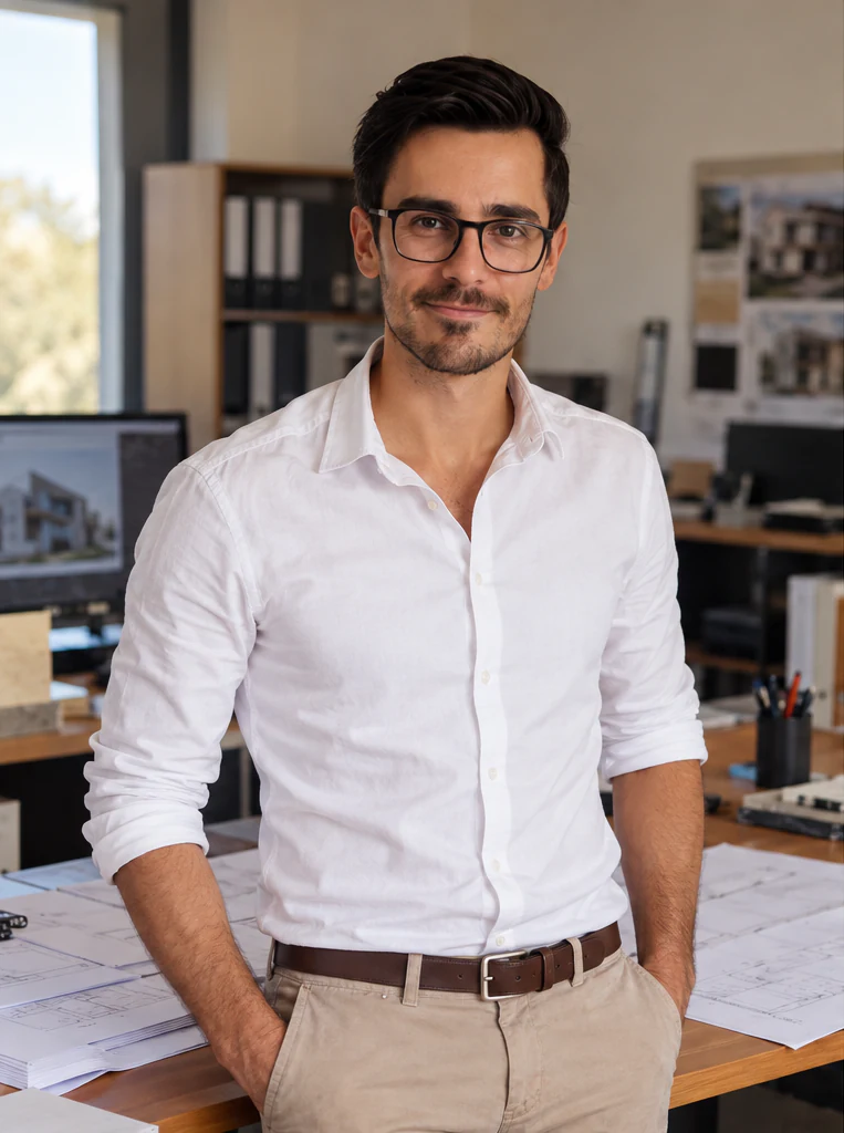 Vincent Hepp, en chemise blanche et lunettes, se tient devant les étagères de son atelier.