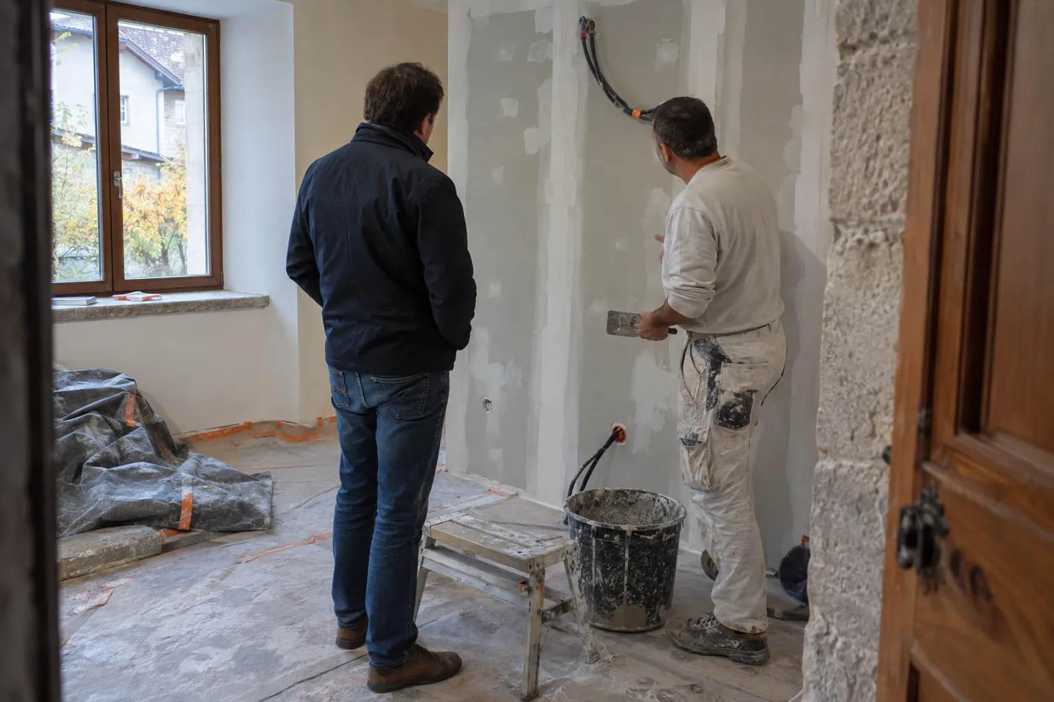 Échange devant une cloison en rénovation Deux hommes échangent devant une cloison en cours de préparation, entre fenêtre et passage en pierre.