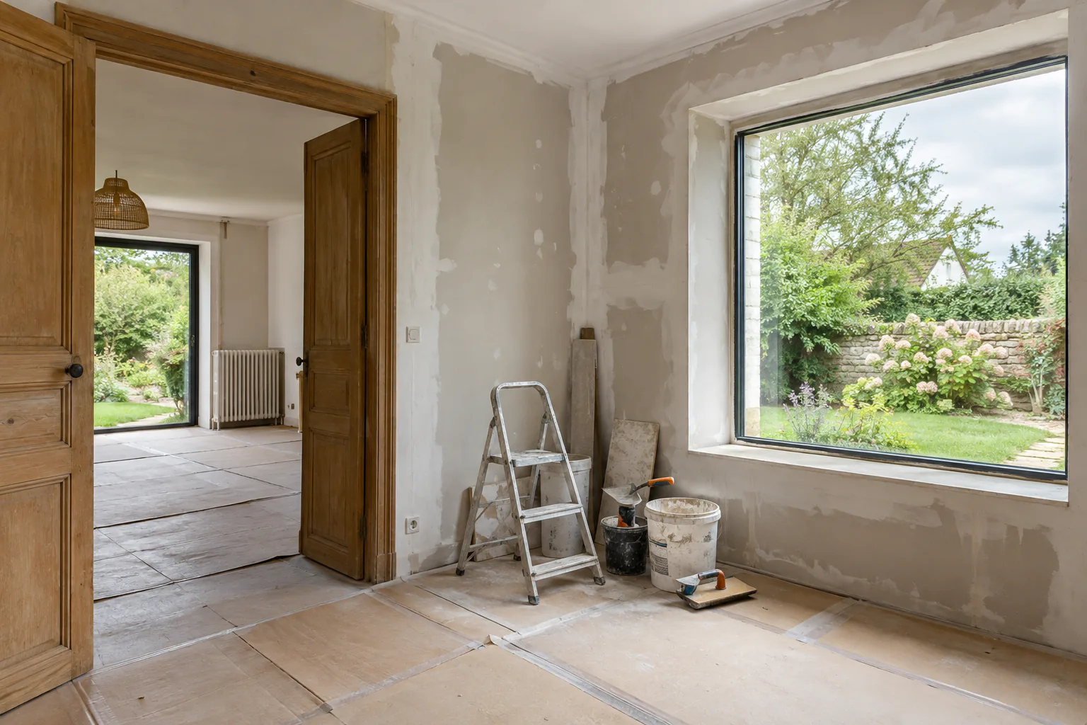 Pièce en travaux ouverte sur le jardin Des murs partiellement préparés entourent une grande fenêtre, avec escabeau et matériel au sol protégé.