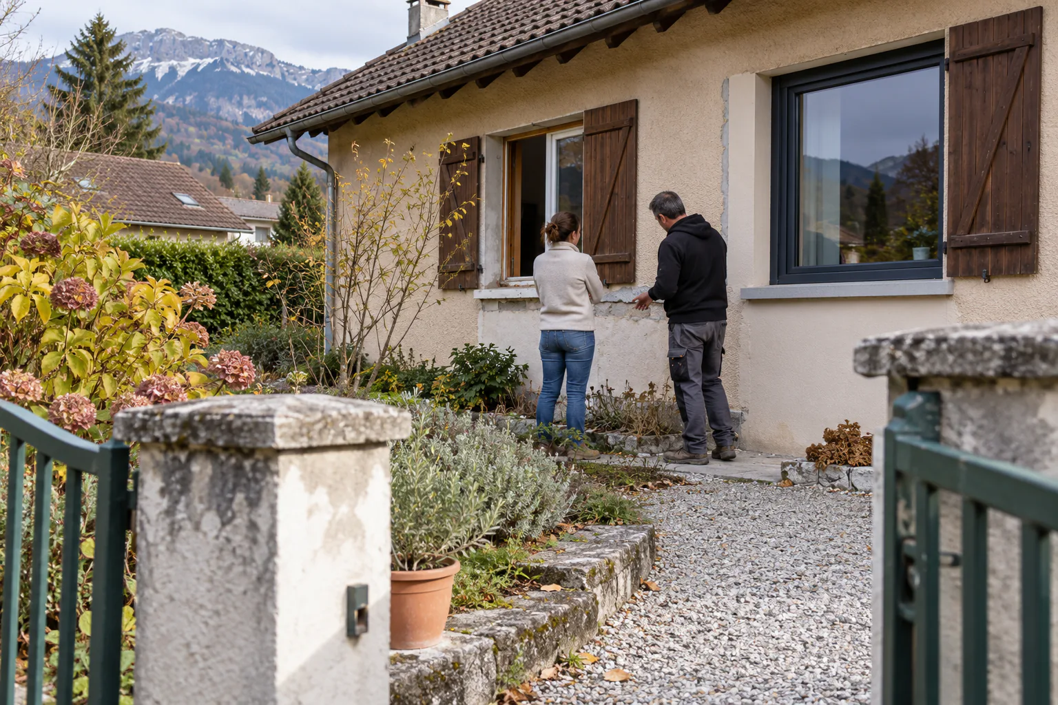 Visite devant une façade aux volets bruns Deux personnes examinent la façade d’une maison depuis une allée de gravier bordée de végétation.