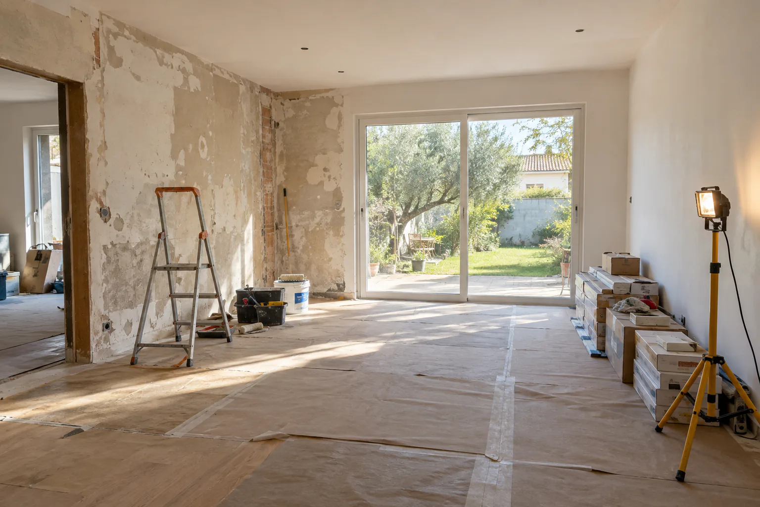 Pièce à rénover et grande baie sur jardin Un espace intérieur en travaux présente un mur décapé, un escabeau et une baie ouverte sur le jardin.