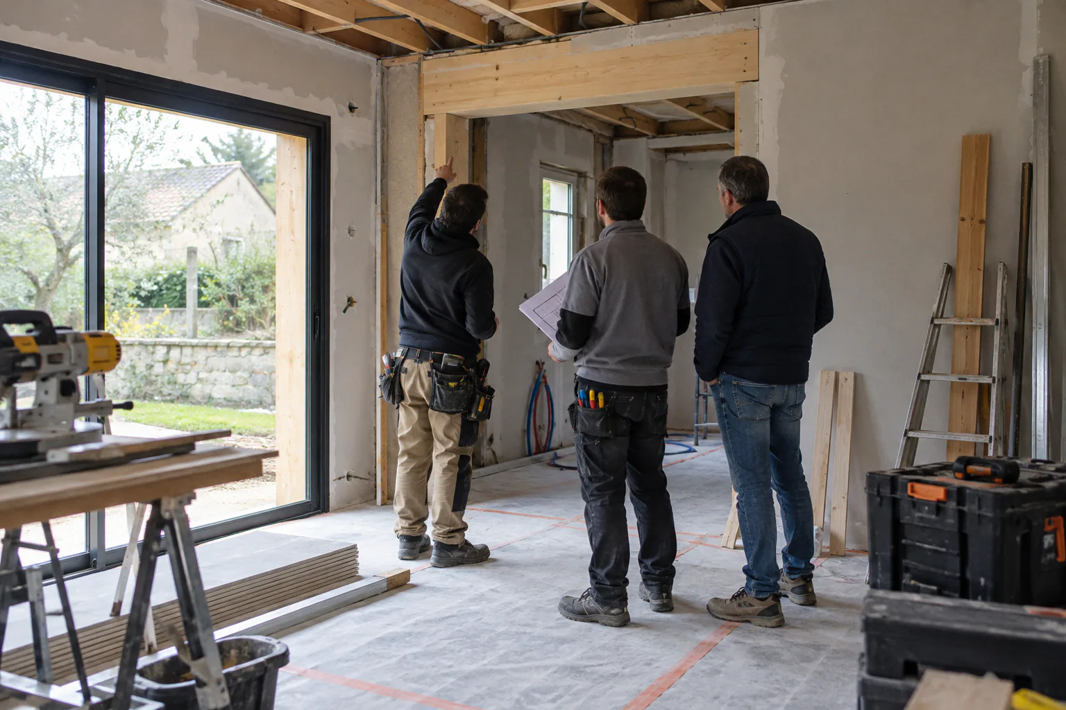 Réunion à trois dans une pièce en travaux Trois personnes échangent dans une pièce avec ossature apparente, outils et grande baie donnant sur le jardin.