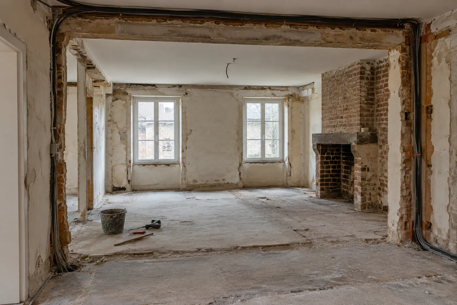 Murs décapés et passage dans une maison ancienne Une pièce vide aux murs décapés donne sur un second espace à travers une large ouverture bordée de bois.