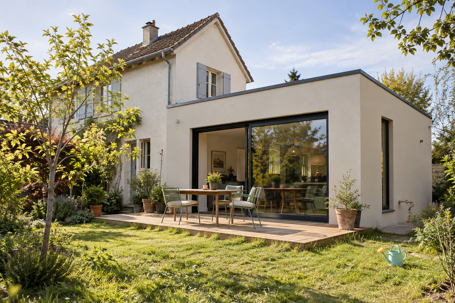 Extension claire avec terrasse en bois Une extension rectangulaire à grande baie vitrée rejoint une maison ancienne, devant une terrasse et une pelouse.