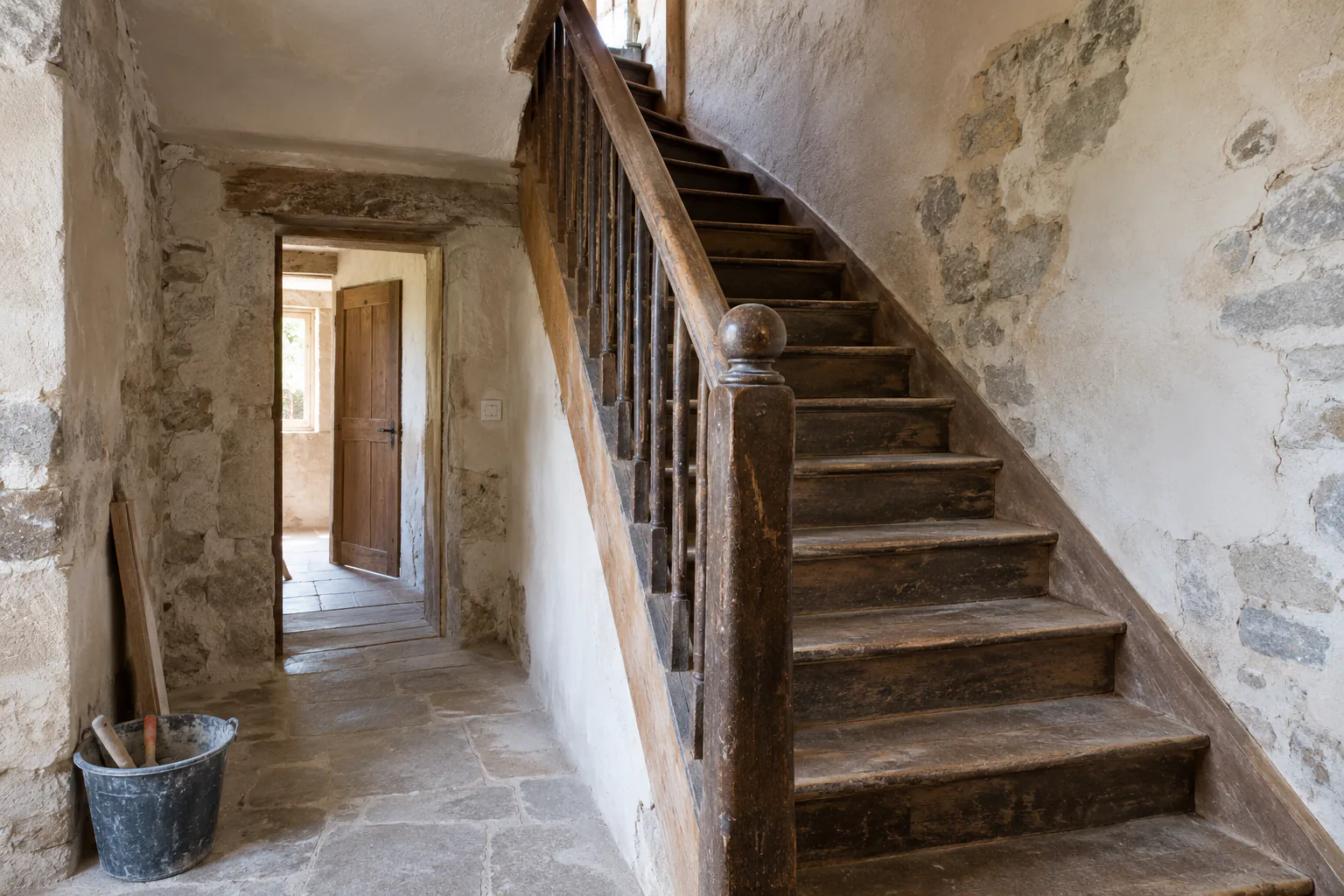Escalier en bois dans une entrée décapée Un escalier ancien en bois monte le long d’un mur décapé, près d’un passage et d’un seau de chantier.