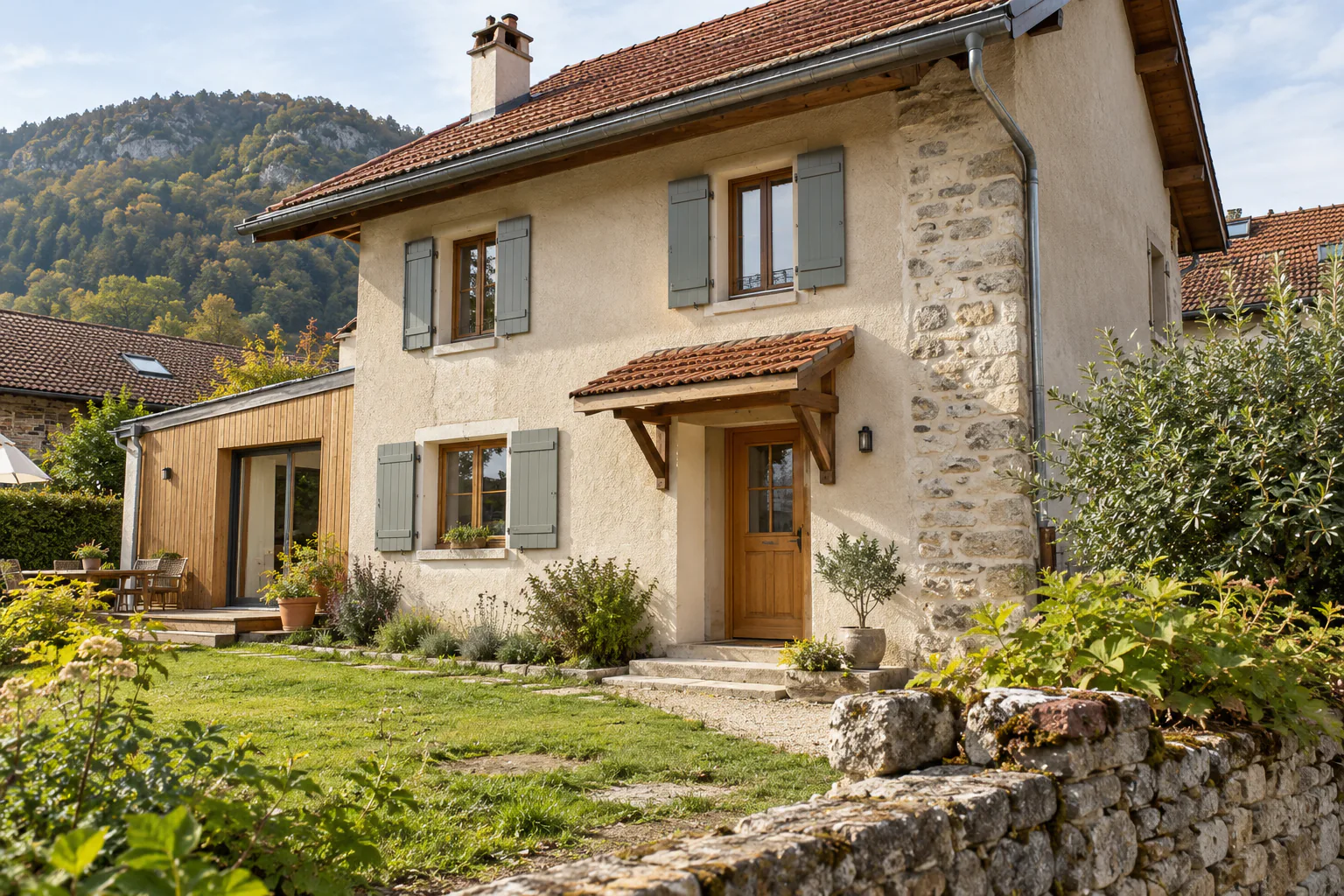 Maison ancienne avec pierre et volets gris Une maison à étage présente un angle en pierre apparente, des volets gris et une petite entrée couverte.