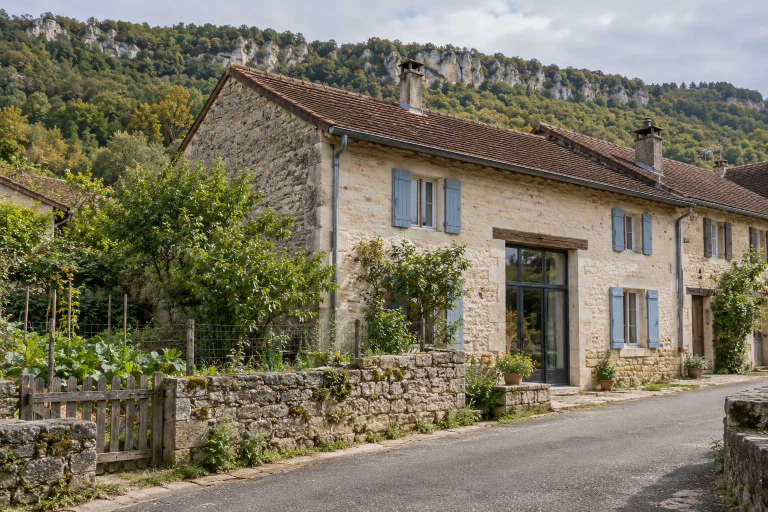 Maison en pierre au bord d’une petite route Une longue maison en pierre aux volets bleu-gris borde une route, derrière un muret et un portail en bois.