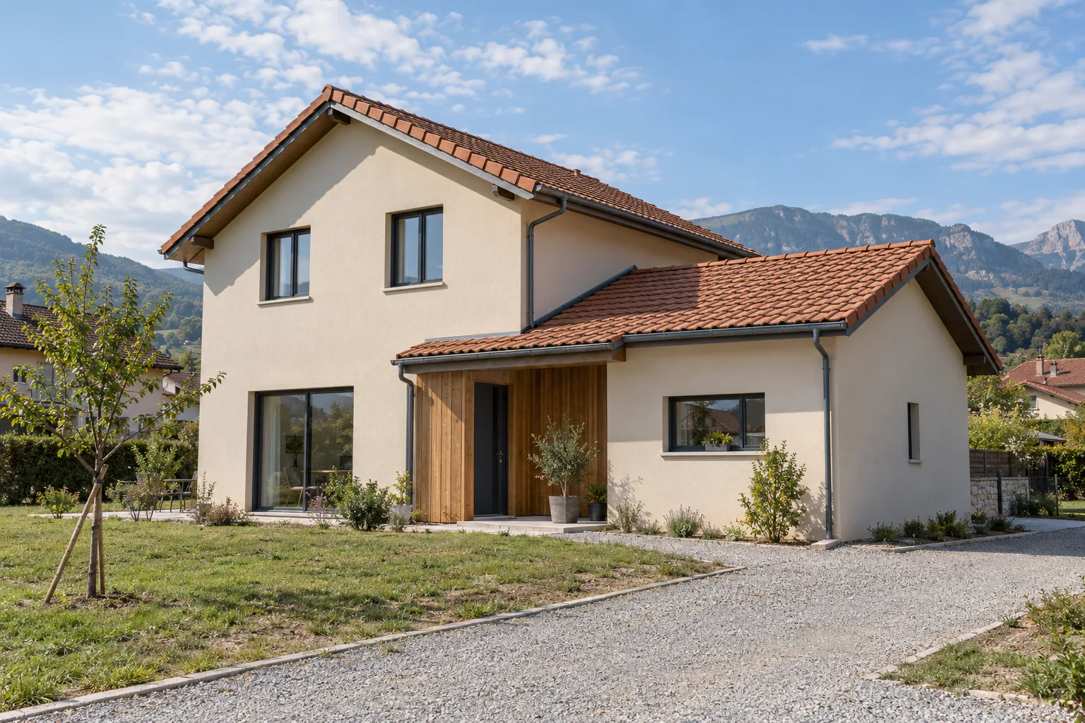 Maison claire avec volume latéral sous tuiles Un volume de plain-pied à toiture en tuiles prolonge une maison claire, devant une pelouse et une allée.