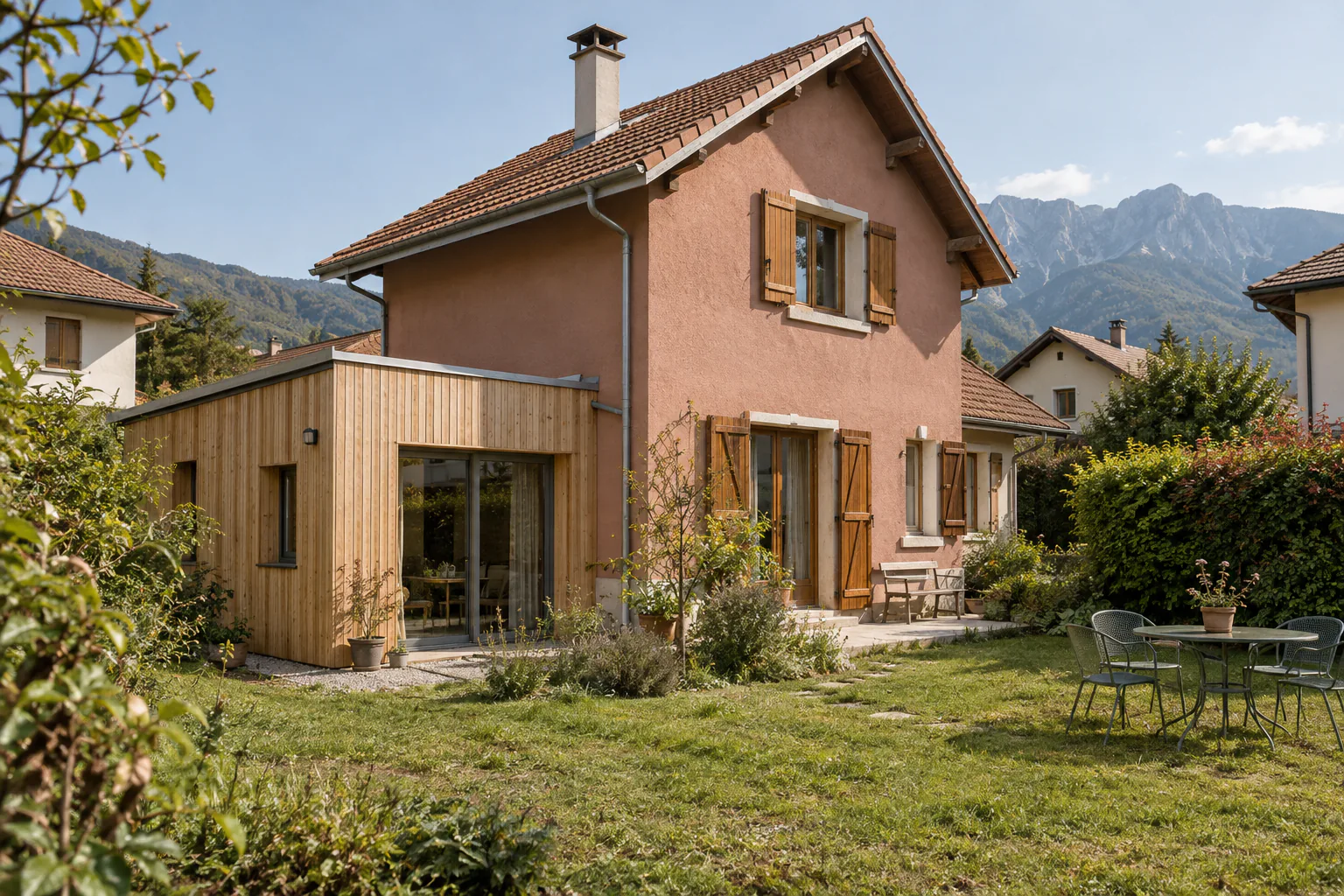 Maison rose avec extension basse en bois Une extension en bardage bois s’adosse à une maison rose aux volets bruns, devant une pelouse et des arbres.