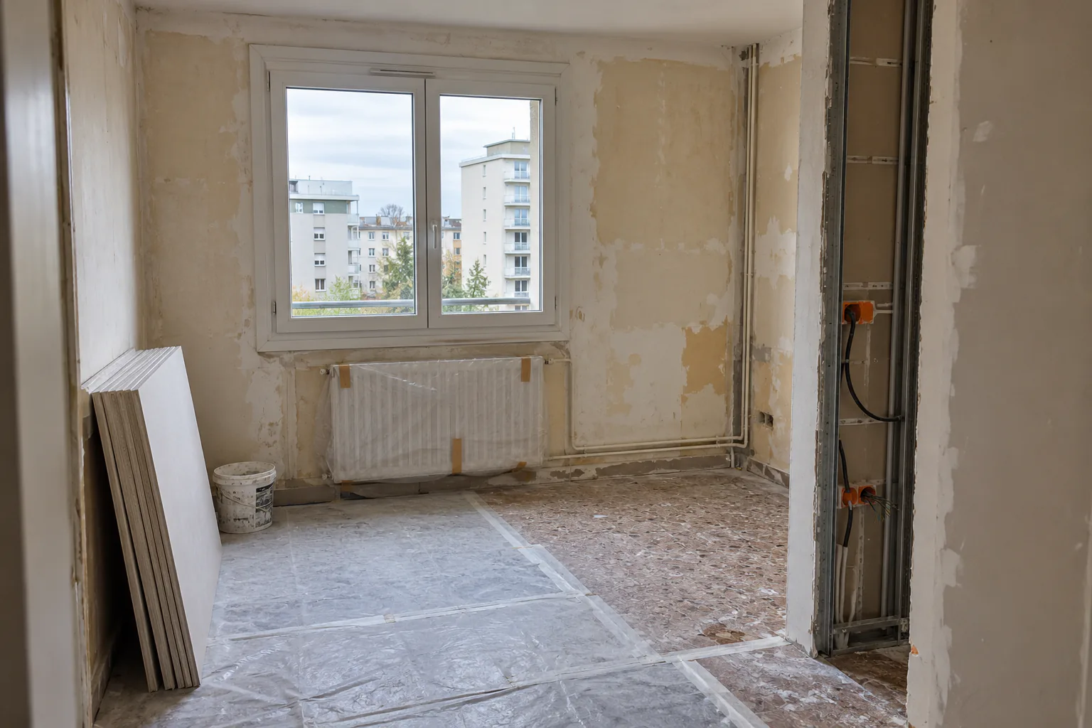 Pièce d’appartement avec murs en préparation Une pièce vide présente des murs partiellement décapés, un radiateur sous la fenêtre et un sol protégé.