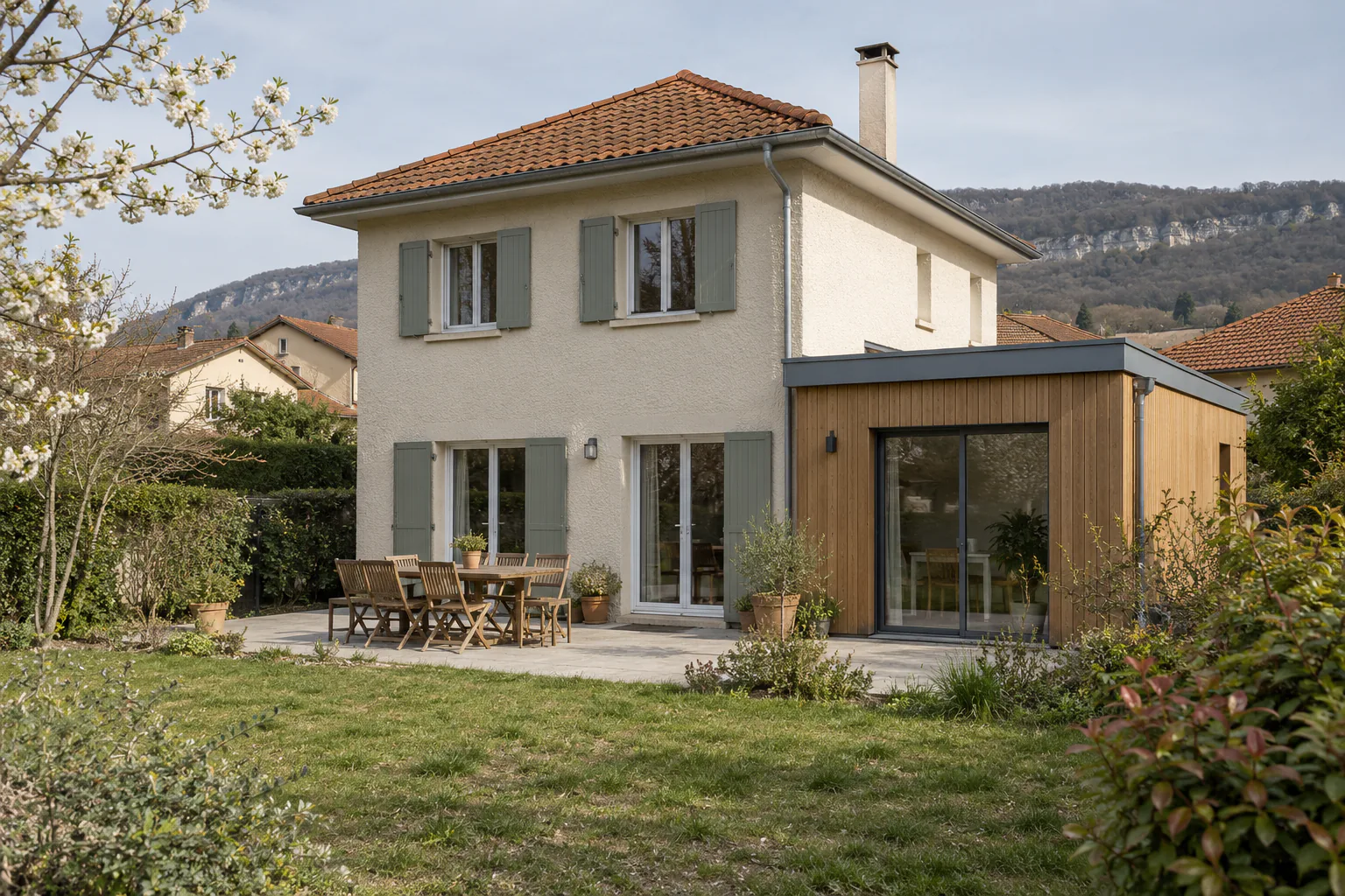 Pavillon clair et petit volume bois latéral Une petite extension en bois ouvre sur la terrasse d’une maison claire à toiture à quatre pans.