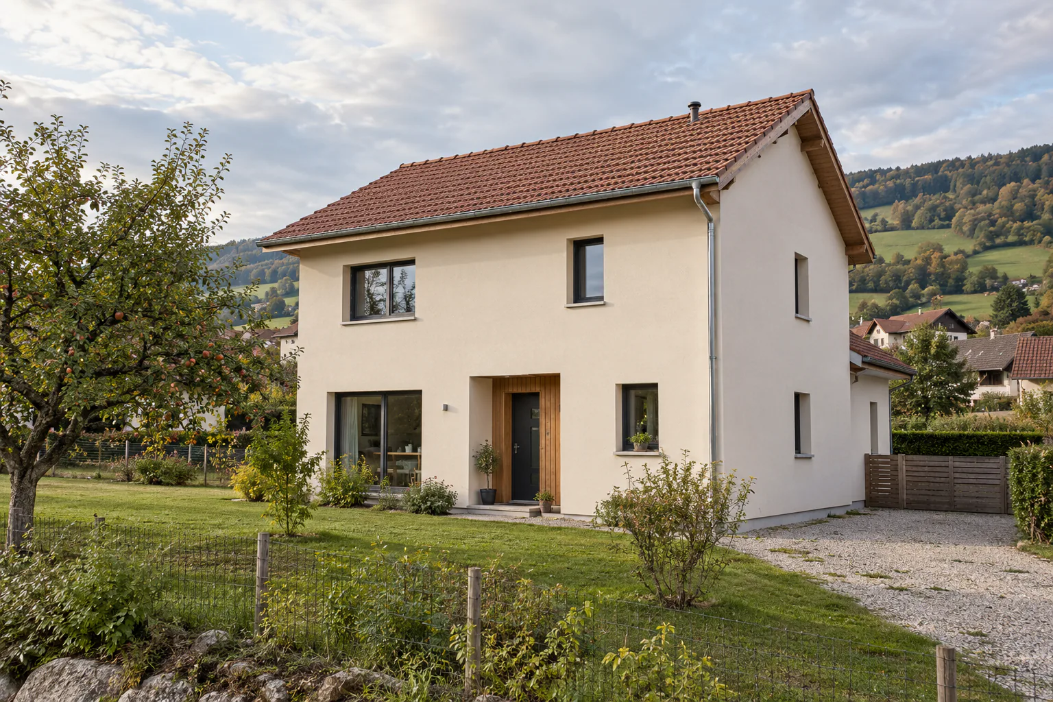Maison claire avec porte bois et jardin clôturé Une maison à étage à enduit clair présente une porte en bois et des ouvertures sombres, devant un jardin clôturé.
