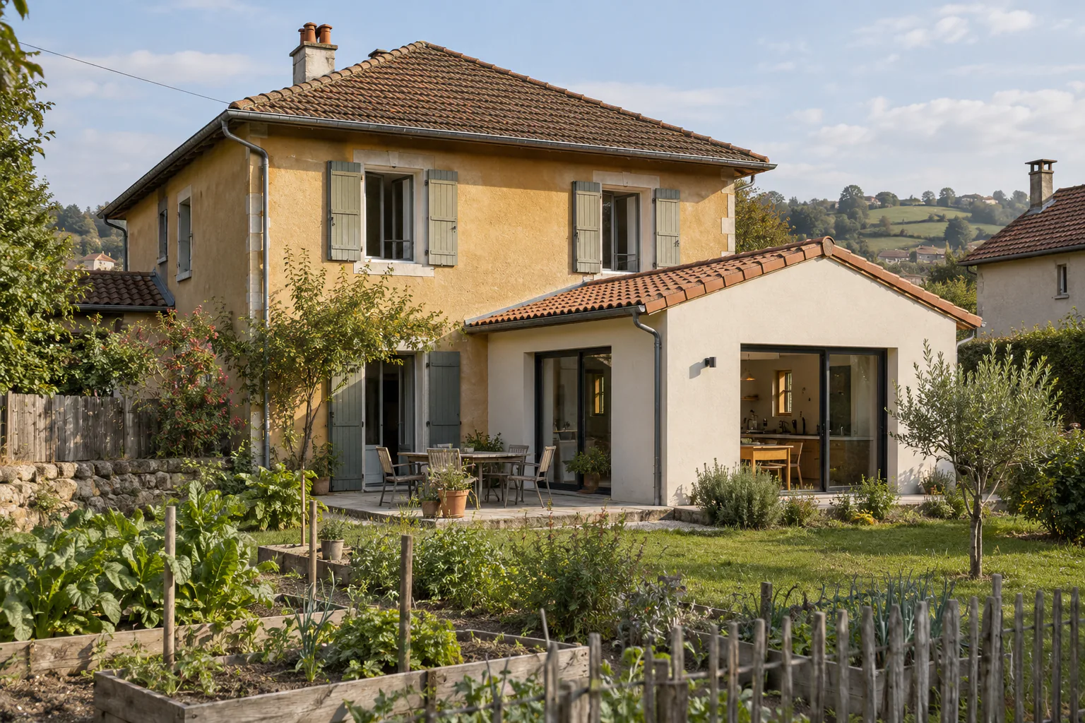 Maison jaune et extension claire sous tuiles Une extension de plain-pied sous toiture en tuiles prolonge une maison jaune, devant un potager et une clôture bois.