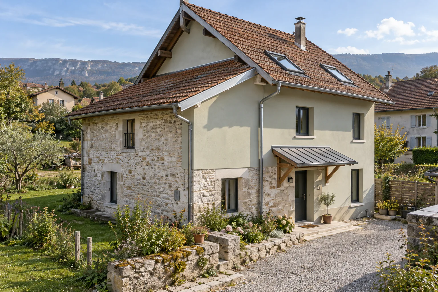 Maison ancienne et appentis de pierre dans un jardin Un appentis de pierre prolonge une maison ancienne à toiture percée de fenêtres, au-dessus d’un jardin en pente.