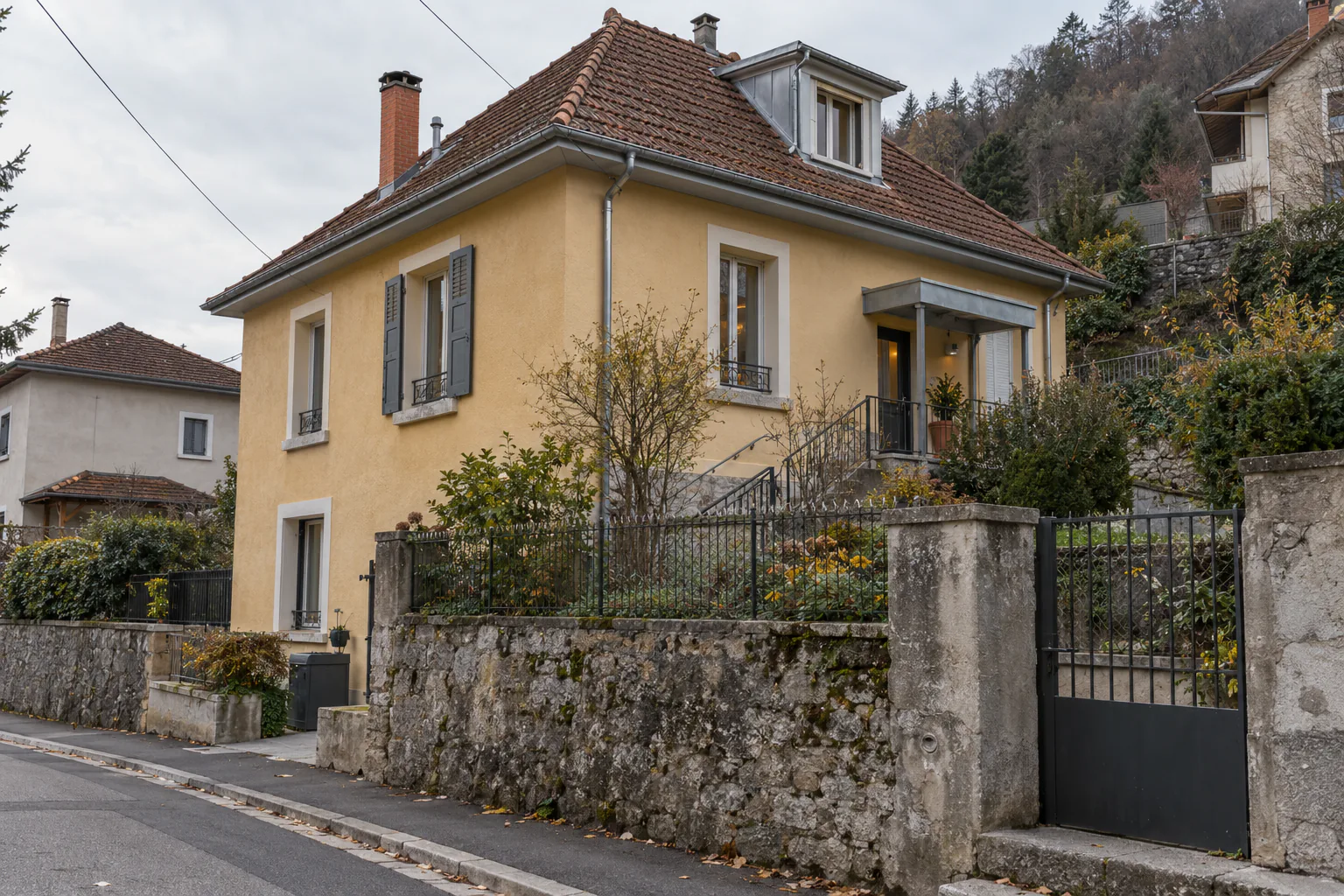 Maison jaune et lucarne au-dessus d’une entrée vitrée Une maison jaune aux volets gris présente une lucarne et une petite entrée vitrée, derrière un mur en pierre.