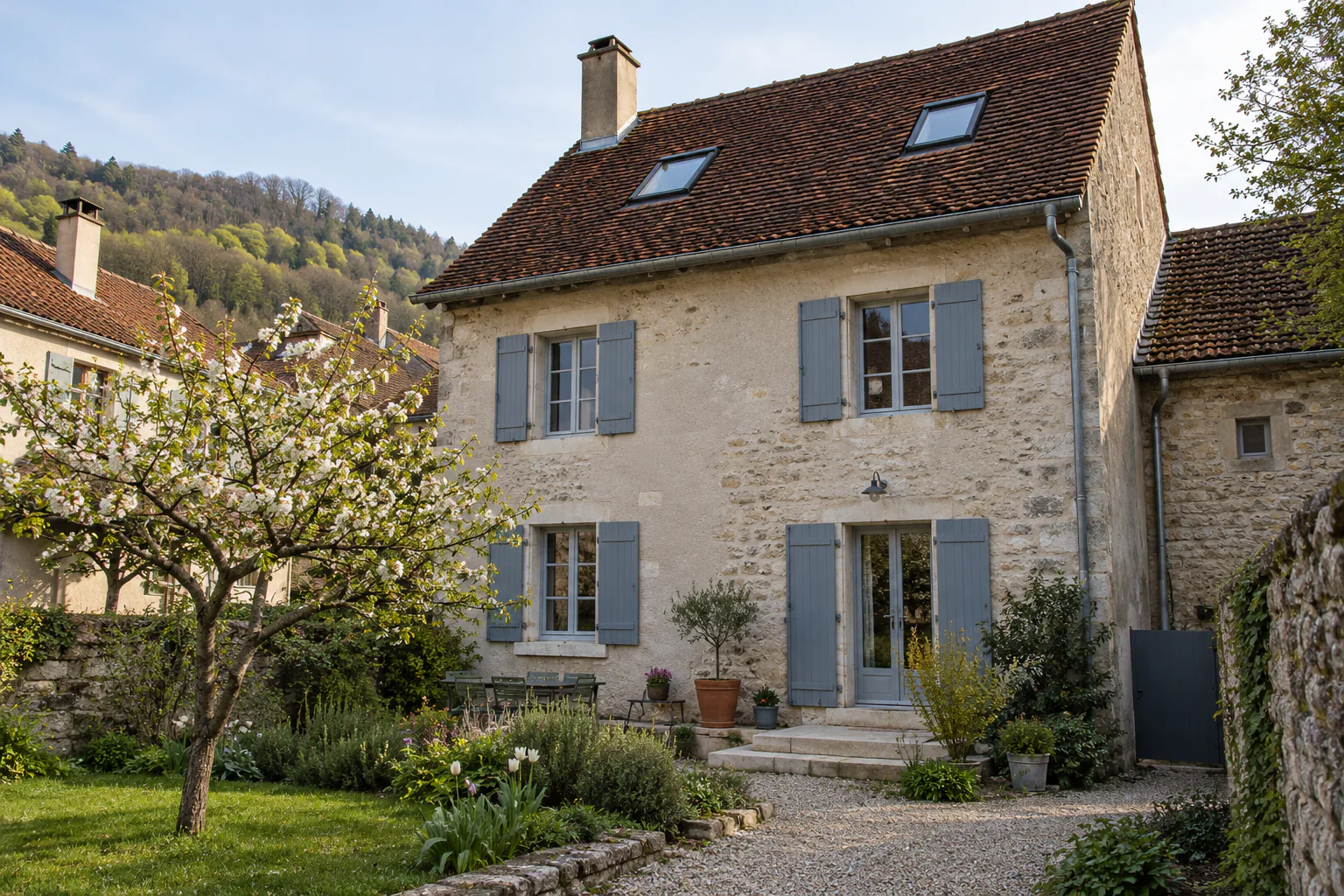 Maison de pierre aux volets bleu-gris et combles éclairés Deux fenêtres de toit éclairent une maison en pierre aux volets bleu-gris, devant une pelouse et un arbre fleuri.