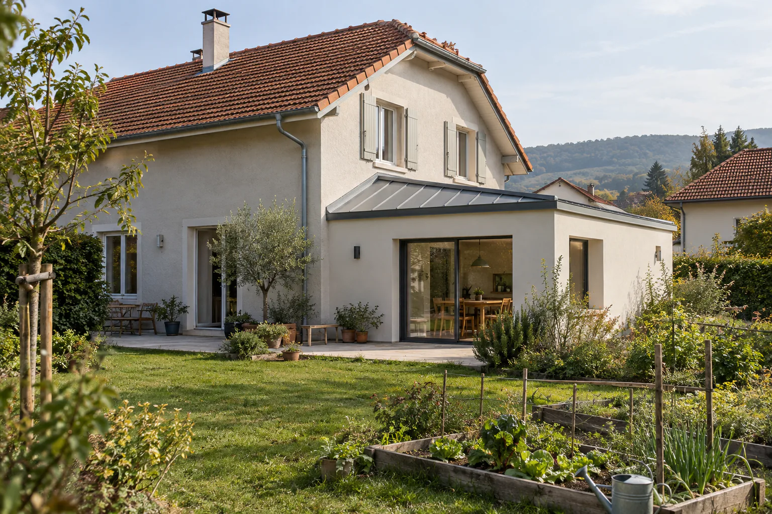 Maison claire et petite extension devant le potager Une extension claire à toiture métallique et baie vitrée prolonge une maison à étage, devant une pelouse et un potager.