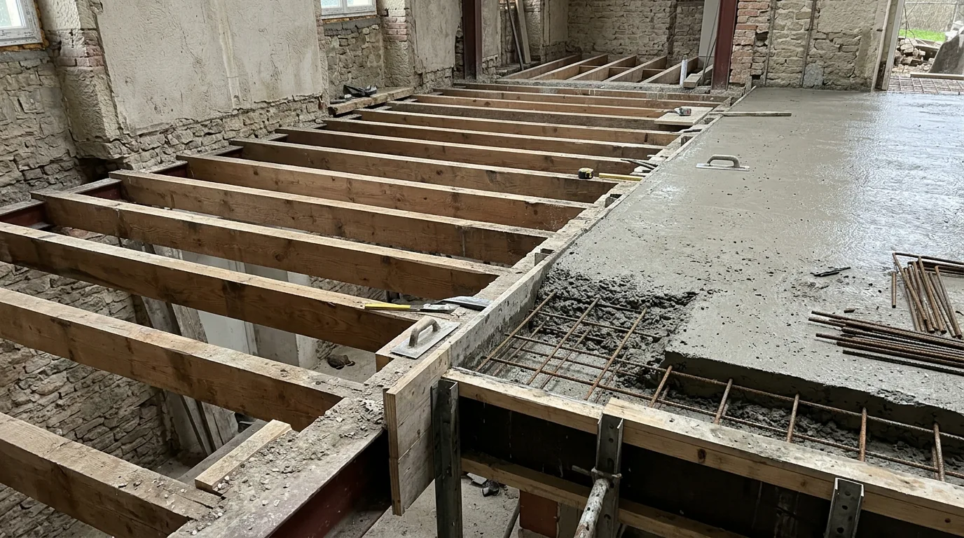 Solives apparentes près d’une dalle en chantier Des solives de bois traversent une pièce en travaux, à côté d’une surface de dalle et de murs bruts.