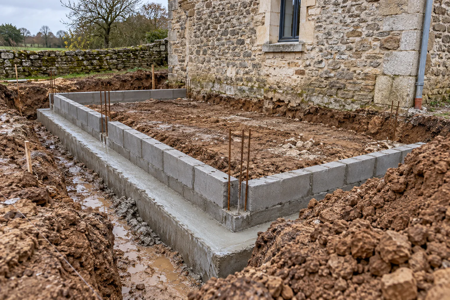 Soubassement en blocs au pied d’un mur ancien Un soubassement rectangulaire en blocs avec armatures métalliques apparaît dans une fouille contre une maison en pierre.