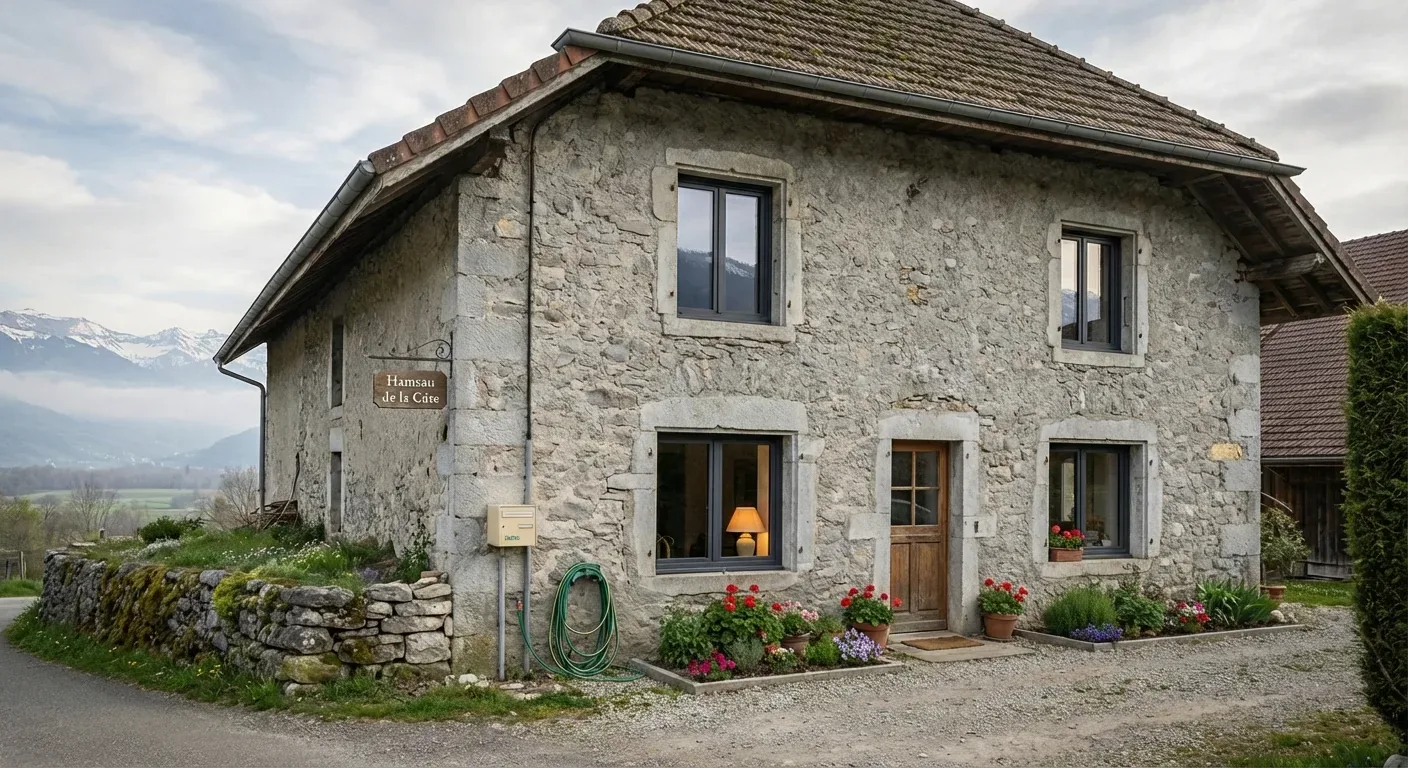 Avant : Une maison en pierre à toiture brune présente des volets gris et une porte en bois, devant une cour de gravier.