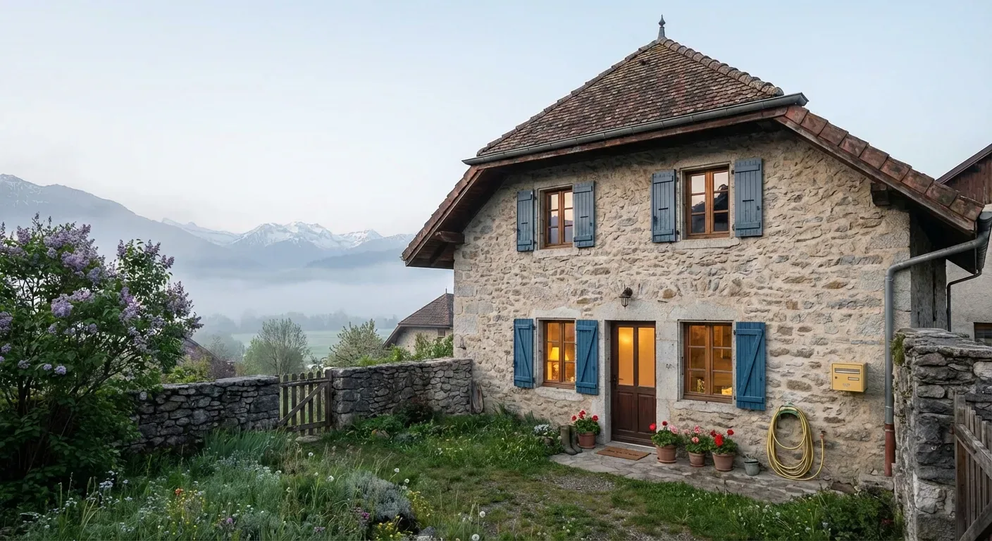 Une maison en pierre aux volets bleus donne sur un petit jardin en pente, avec une entrée éclairée et une clôture.