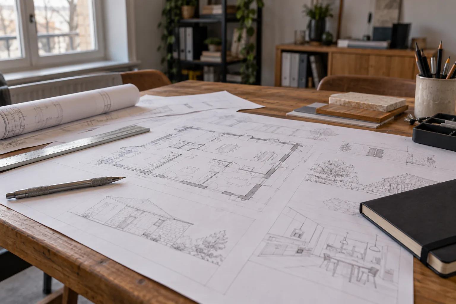 Plans d’aménagement étalés sur une table en bois Des plans de logement sont étalés sur une table avec crayons, règle et carnet, dans une pièce habitée.