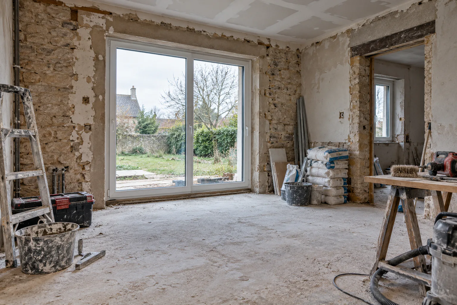 Murs décapés autour d’une baie sur jardin Une pièce en rénovation présente des murs décapés, une baie vitrée sur jardin et du matériel posé sur un établi.
