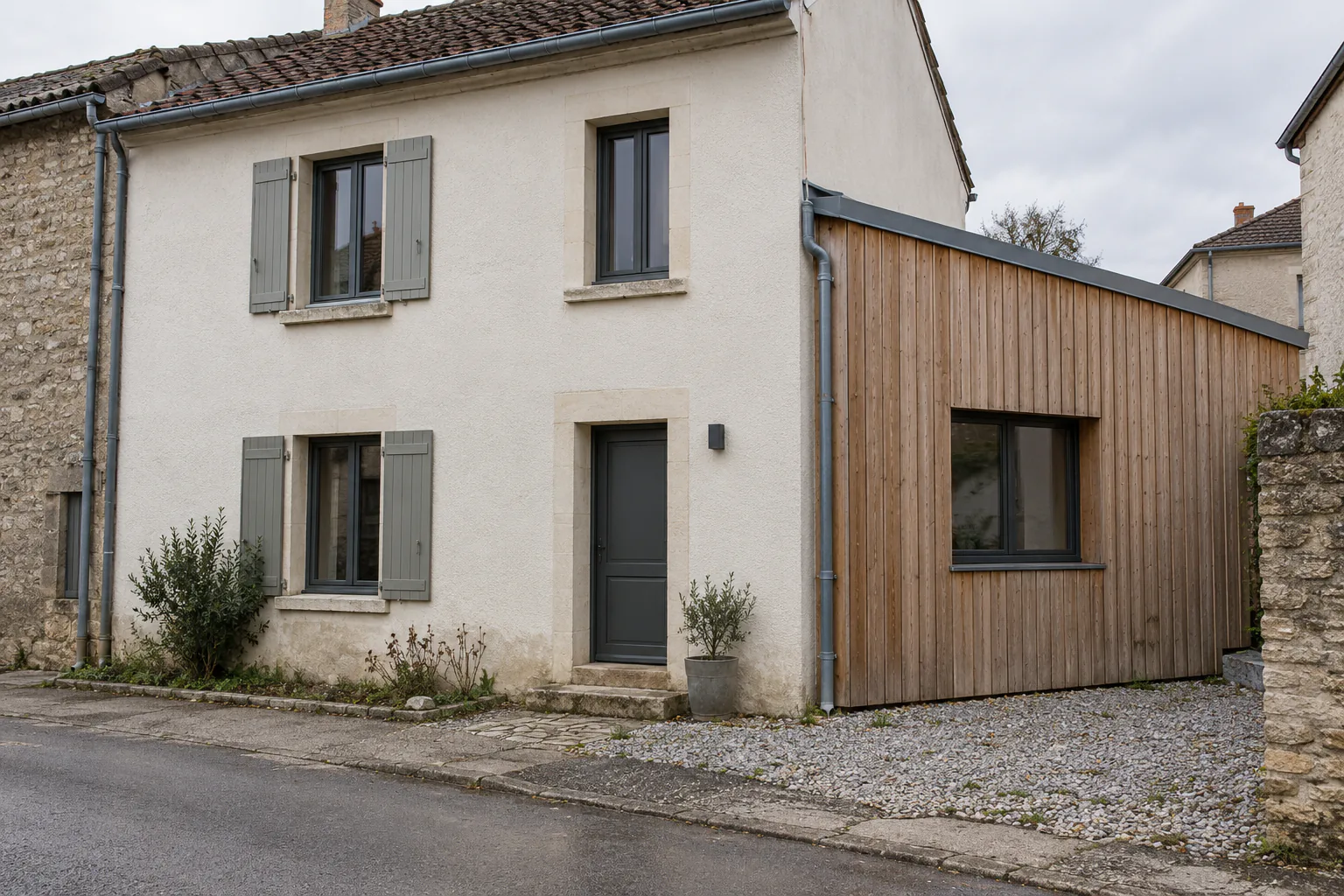 Maison claire et extension en bardage bois Maison à étage enduite avec volets gris et extension latérale en bois.