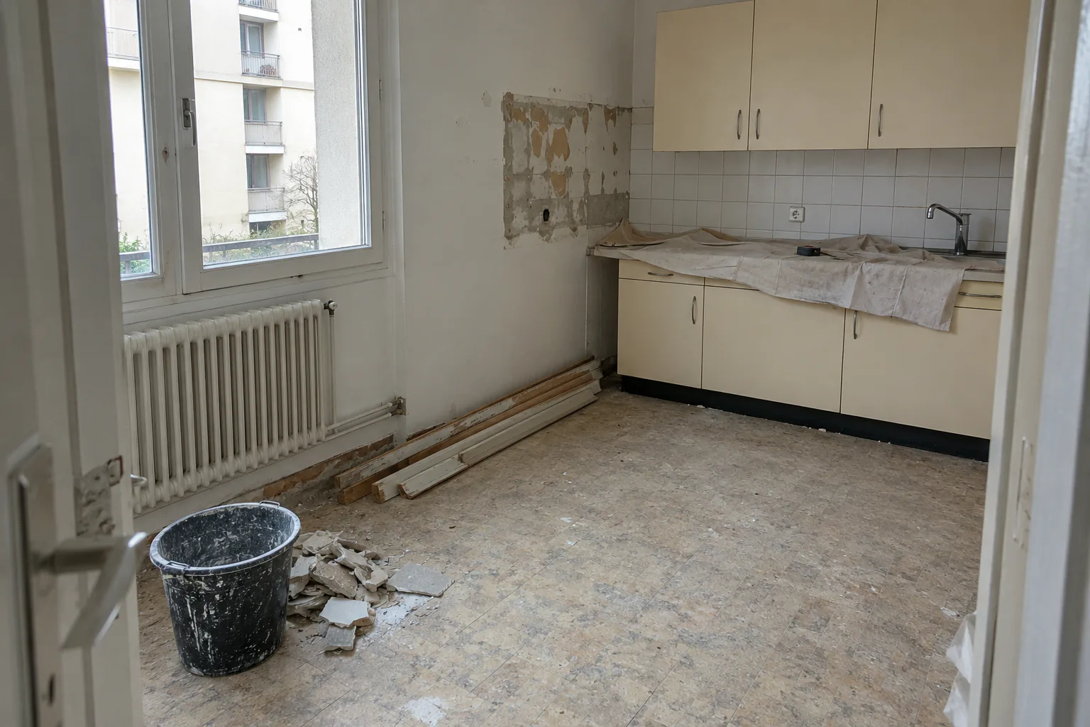 Cuisine claire avec sol déposé, radiateur et seau de chantier.