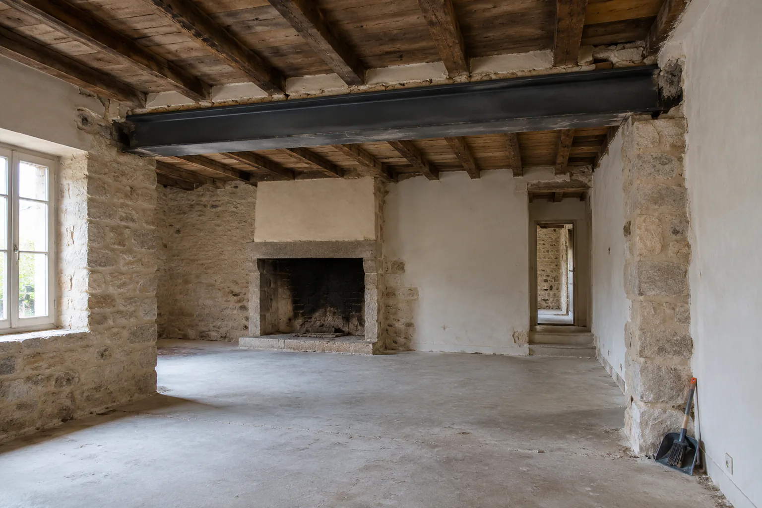 Pièce ancienne avec poutre métallique apparente Pièce vide aux murs partiellement décapés, cheminée et poutre métallique sous le plancher bois.