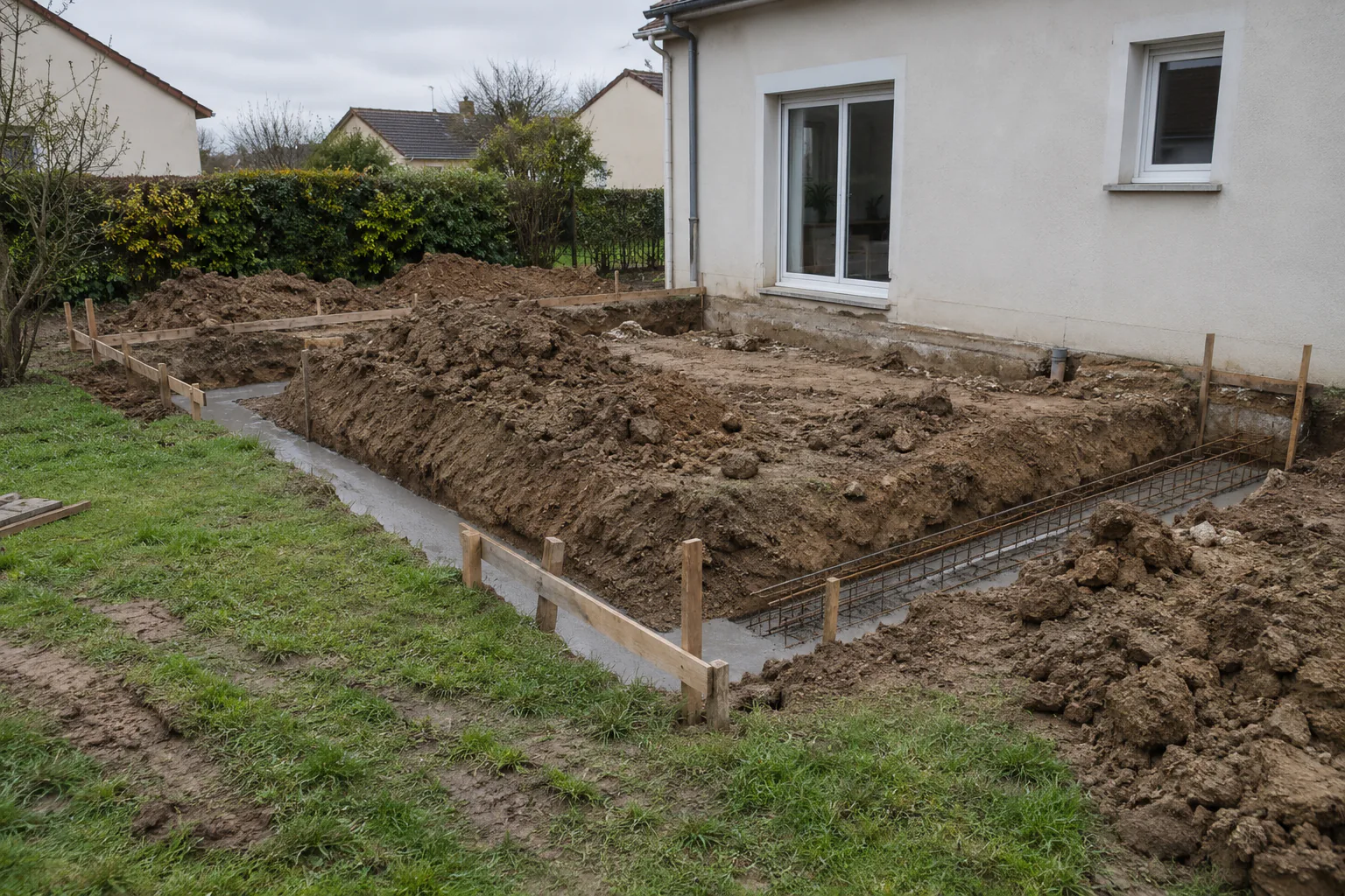 Fouille périphérique devant une maison Tranchée rectangulaire et terres excavées devant la baie d'une maison.
