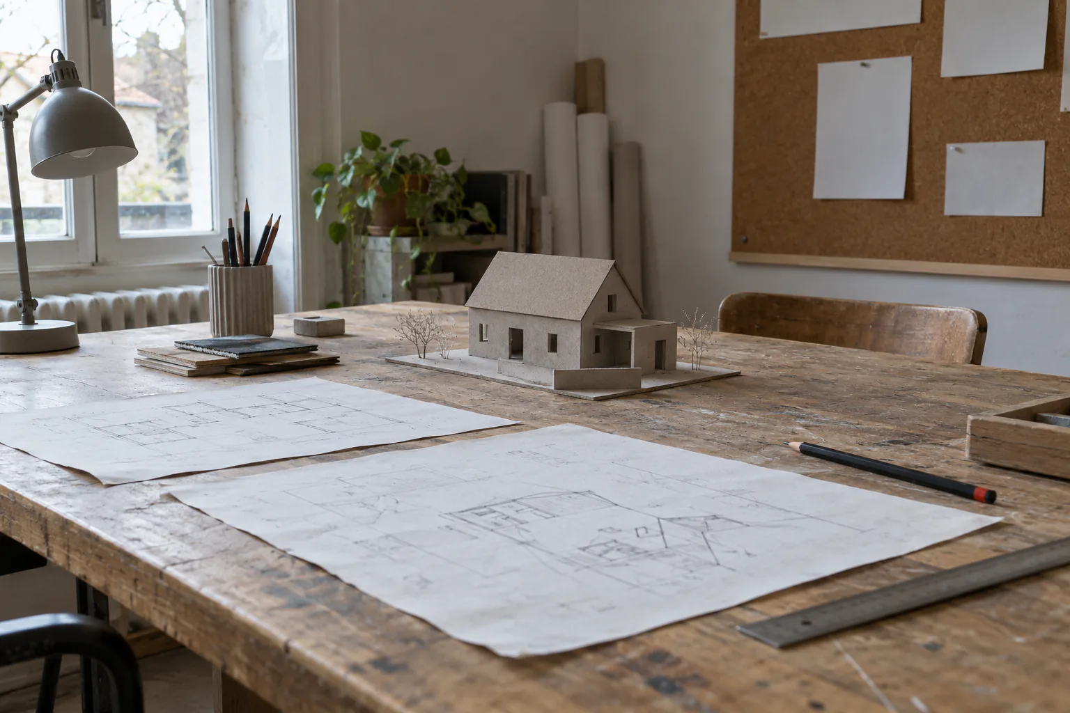Plans et maquette sur une table Plans de maison, petite maquette et documents disposés sur une table en bois.