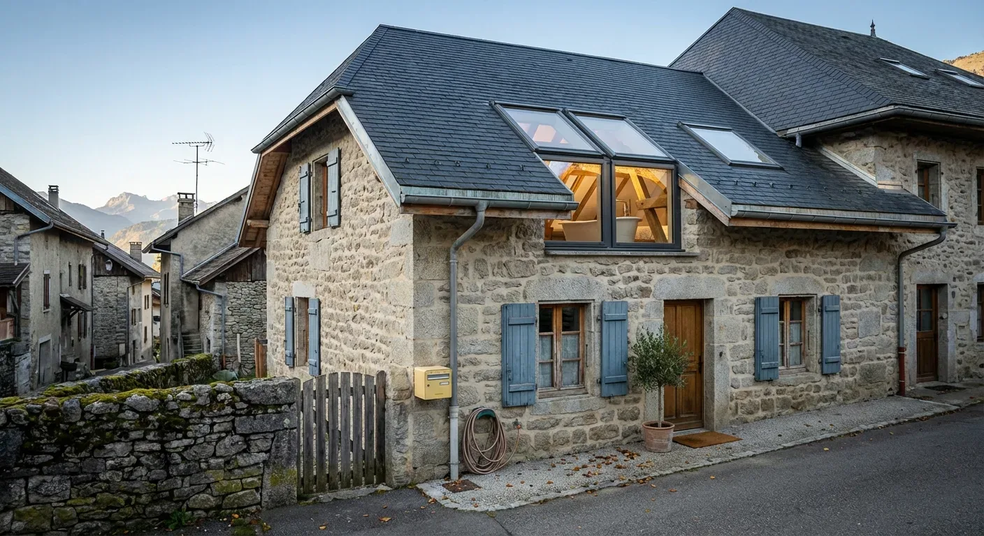 Maison en pierre avec lucarne vitrée Maison en pierre avec volets bleus, toiture sombre et grande lucarne éclairée.