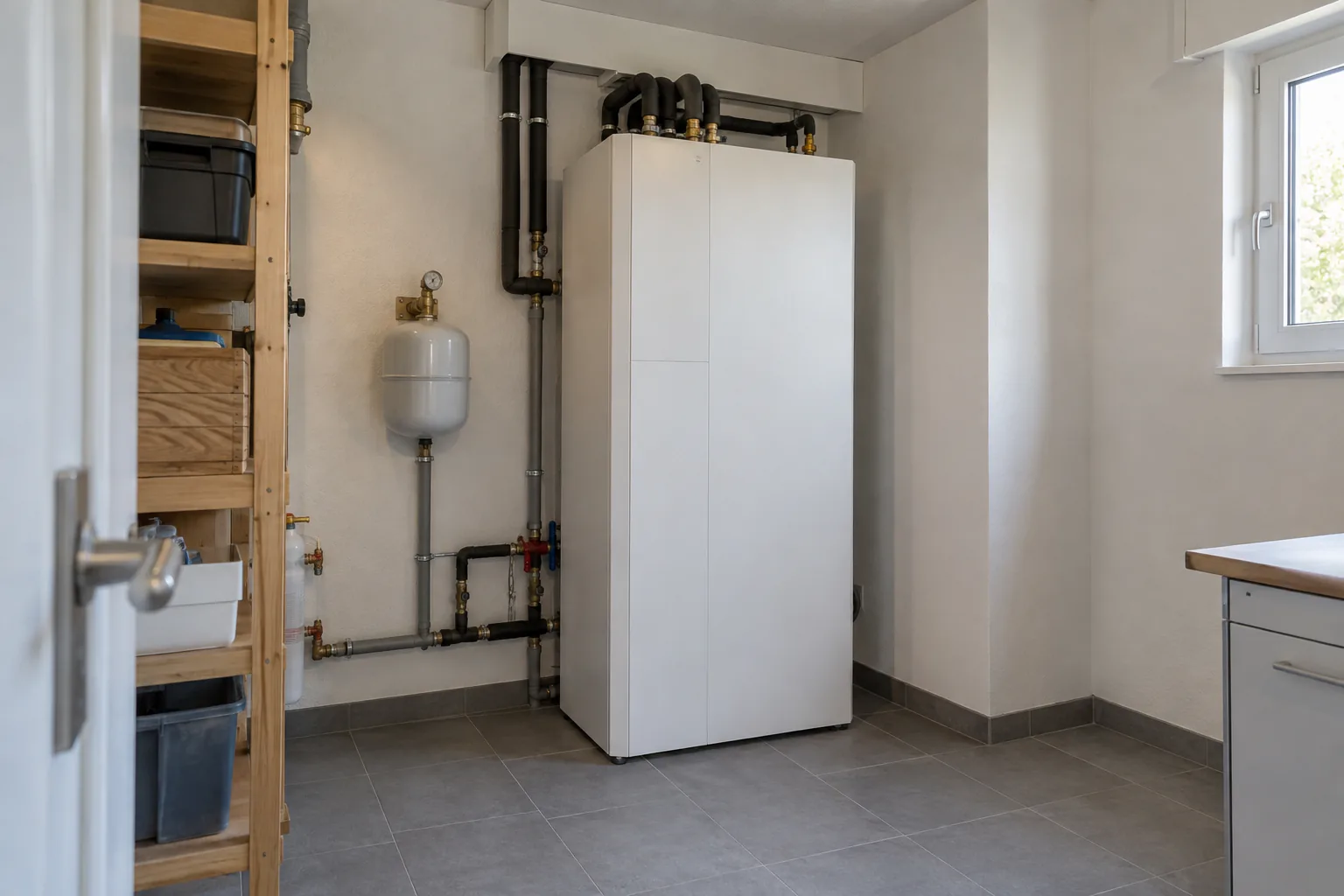Équipement de chauffage dans un local Armoire technique blanche, tuyauteries et vase d'expansion dans un petit local carrelé.