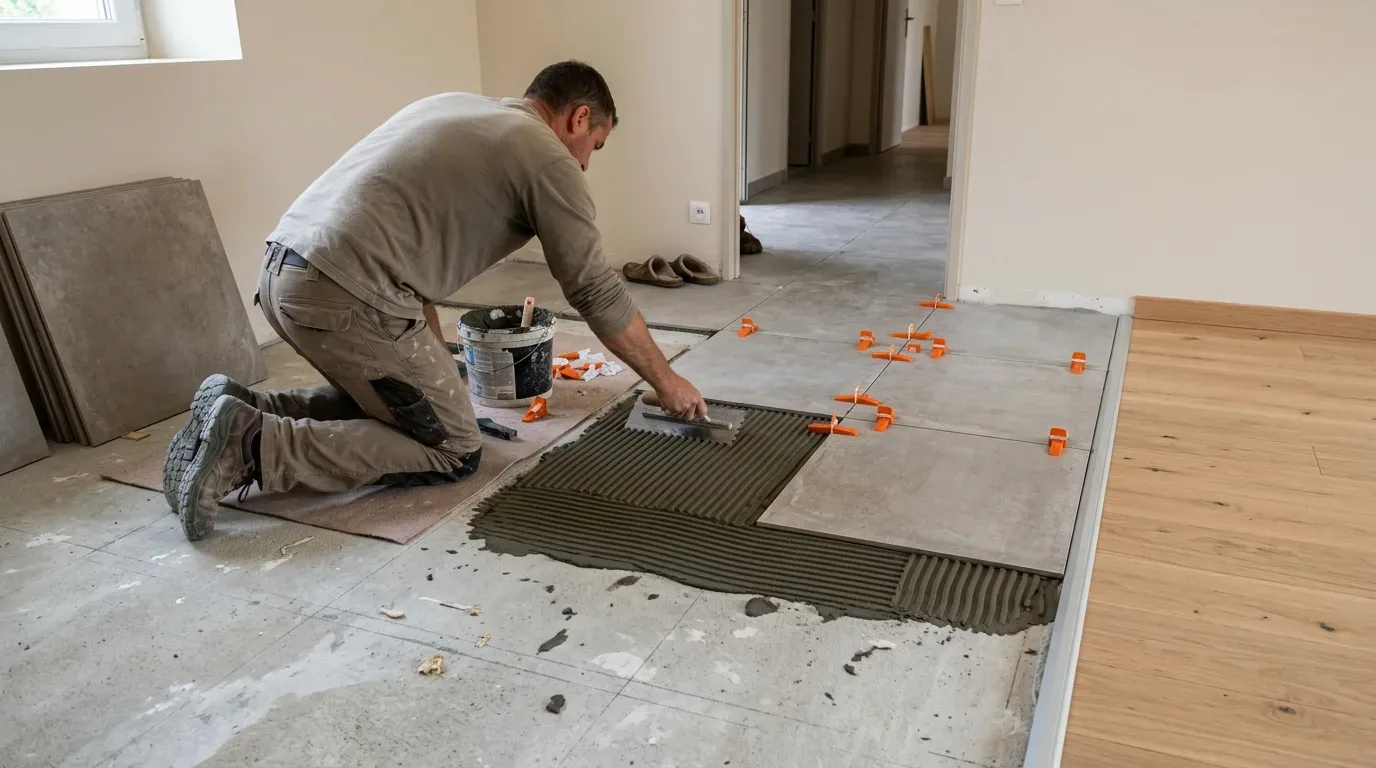 Pose de carrelage sur un sol encollé Artisan à genoux posant un carreau sur du mortier peigné, avec croisillons orange.