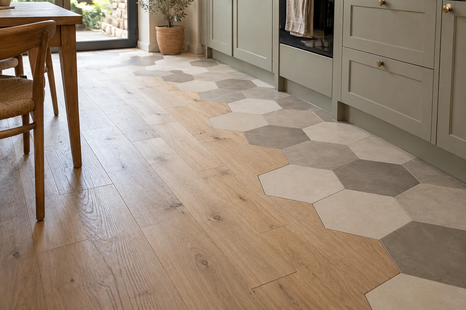 Raccord entre parquet et carrelage hexagonal Transition irrégulière entre des lames de bois et des carreaux hexagonaux dans une cuisine.