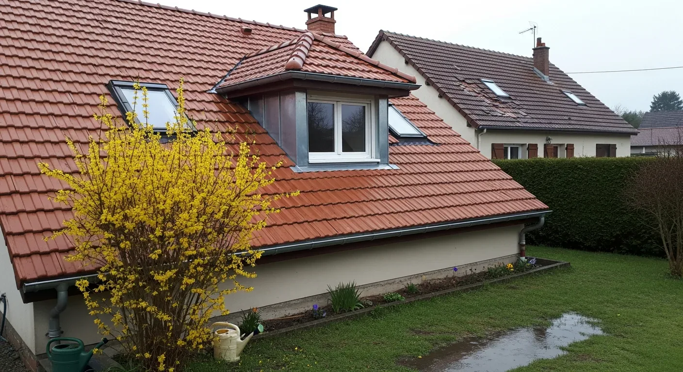 Toiture en tuiles avec une lucarne Toiture rouge en pente avec une lucarne vitrée et des maisons voisines en arrière-plan.