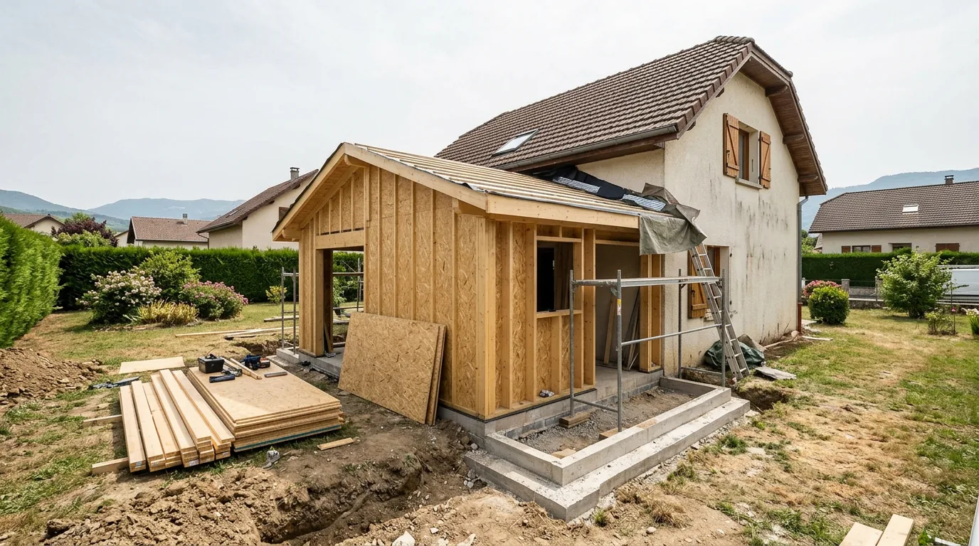 Extension bois en chantier devant une maison Extension à bardage bois avec charpente apparente, matériaux stockés et échafaudage latéral.