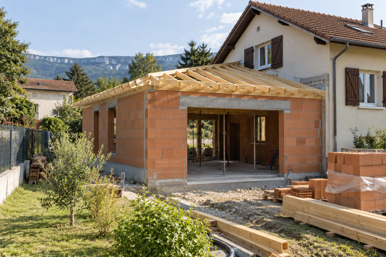 Extension maçonnée sous une charpente neuve Murs d'une extension en blocs rouges et charpente bois apparente devant une maison.