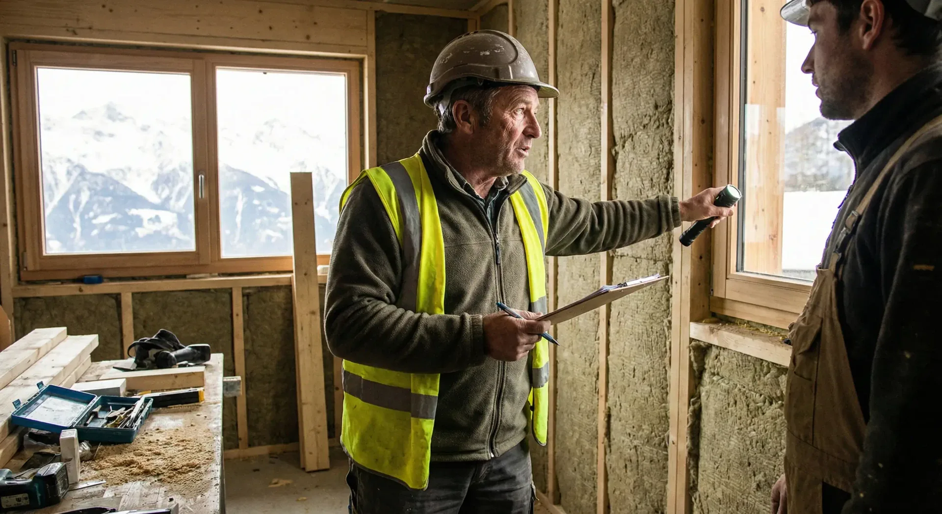 Échange entre deux personnes sur chantier Deux personnes discutent dans une pièce en travaux, dont une porte un casque et un gilet jaune.
