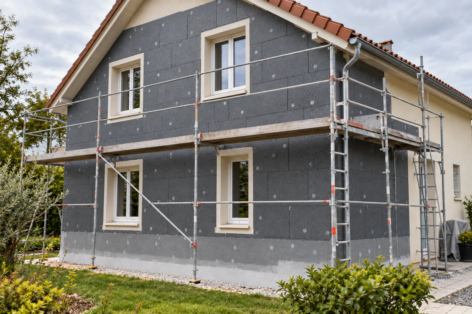 Panneaux isolants posés sur une façade Façade de maison recouverte de panneaux sombres avec fixations et échafaudage.