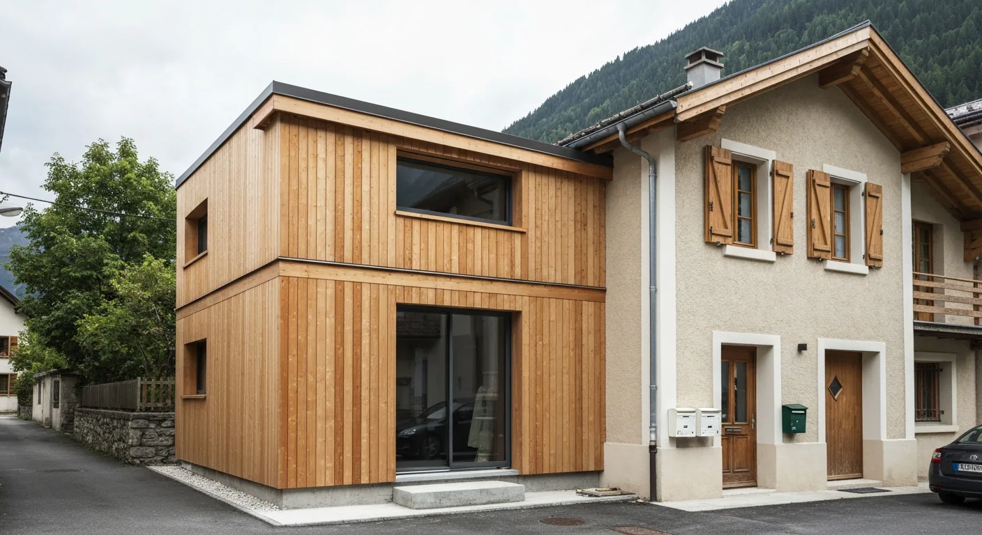Volume latéral à deux niveaux en bardage bois, avec grandes baies, accolé à une maison claire.