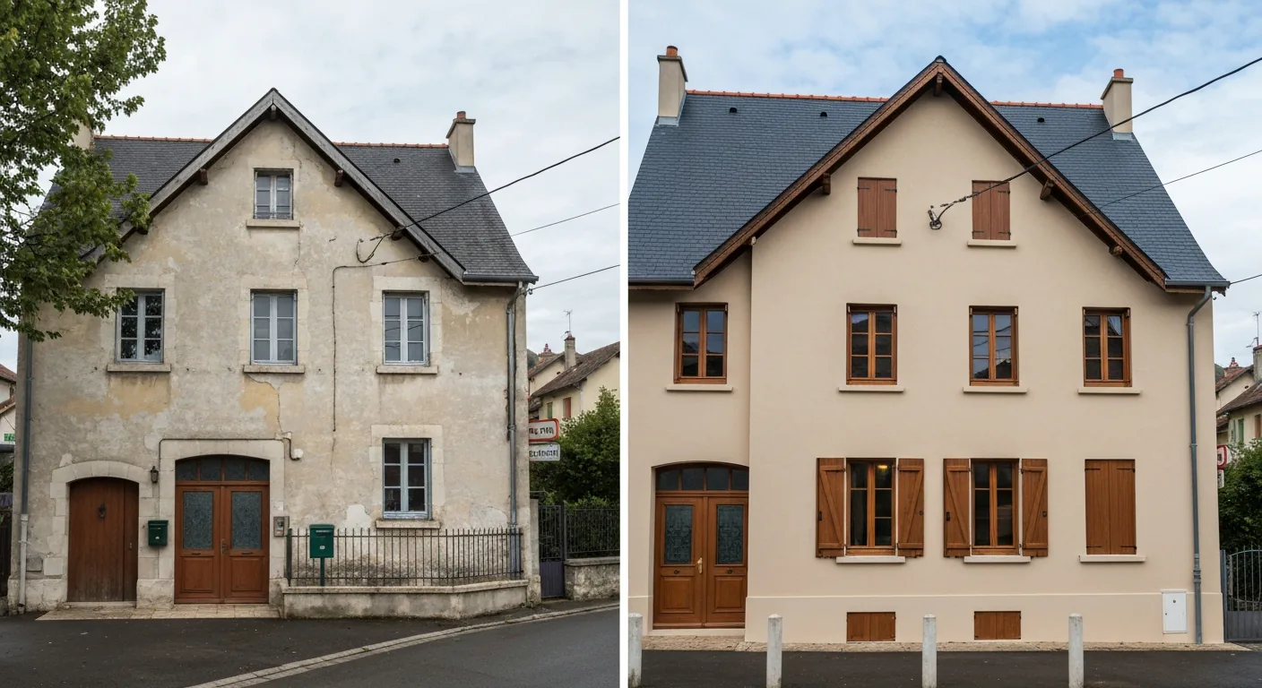 Deux vues juxtaposées d'une maison de village Montage de deux façades d'une maison à pignon, l'une ancienne et l'autre plus claire.