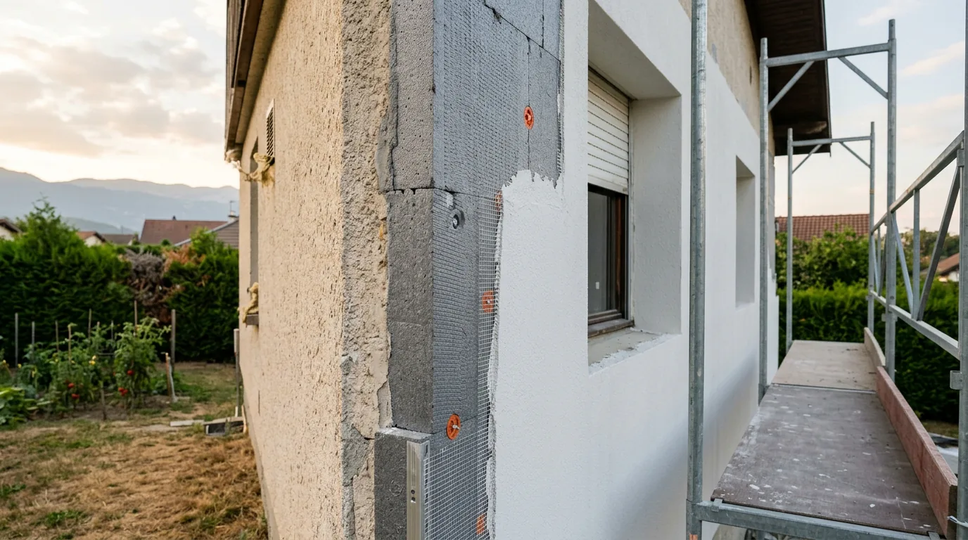 Tranche de panneaux isolants et enduit en cours autour d'une fenêtre, près d'un échafaudage.