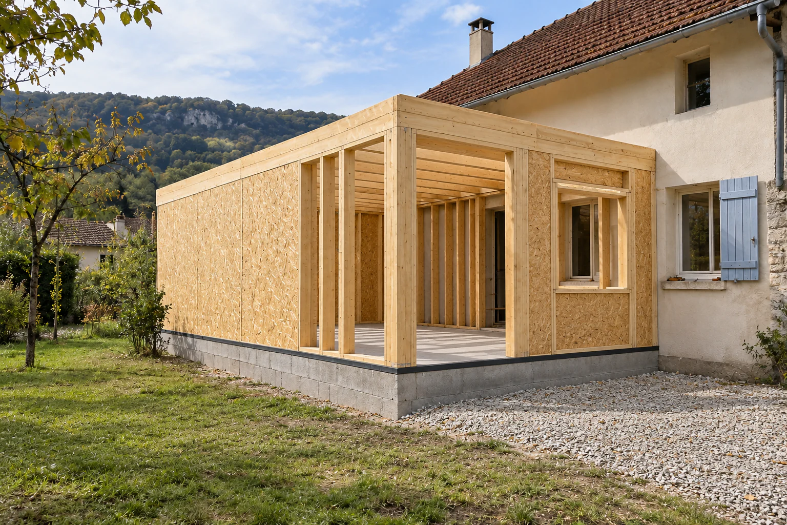 Structure ouverte d'une extension en bois Poteaux, poutres et panneaux bois d'une extension ouverte sur un jardin.