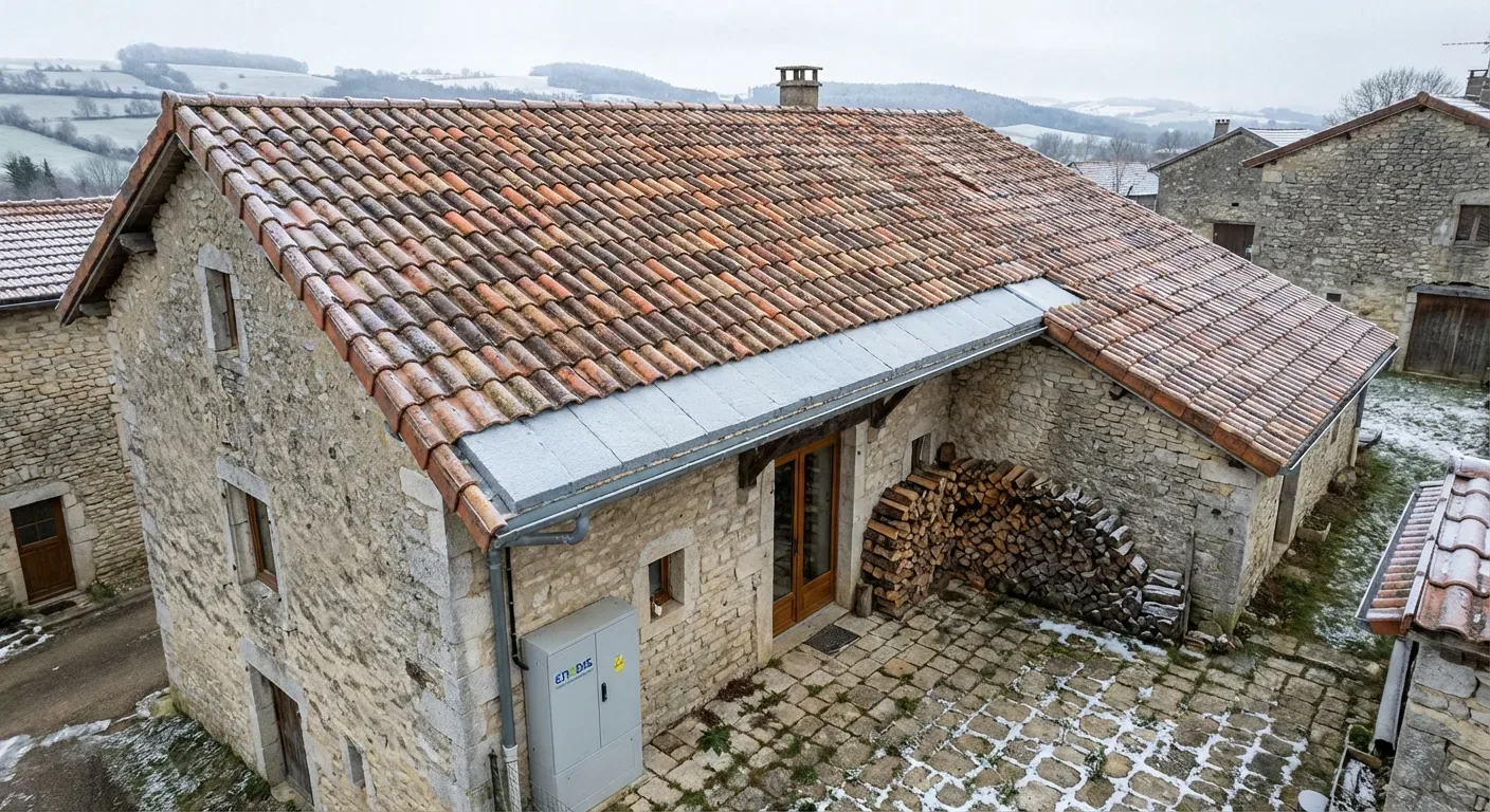 Bâtiment en pierre avec toit en tuiles, cour pavée et bois stocké contre le mur.